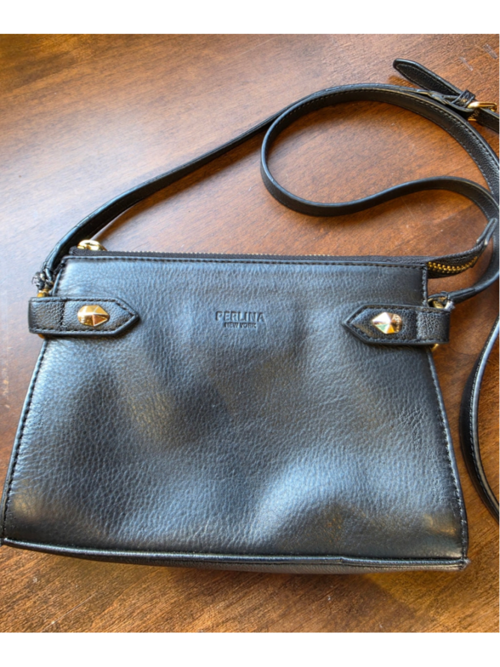 Perlina New York Black Pebbled Leather Crossbody Bag Gold Stud Accents